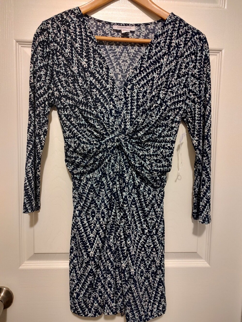 Motherhood Maternity Navy and White Knot-Front Long Sleeve Dress